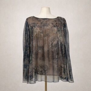 Kensie Womens Sheer Whimsigoth Top Small Dark Floral Romantic Grunge Bell Sleeve